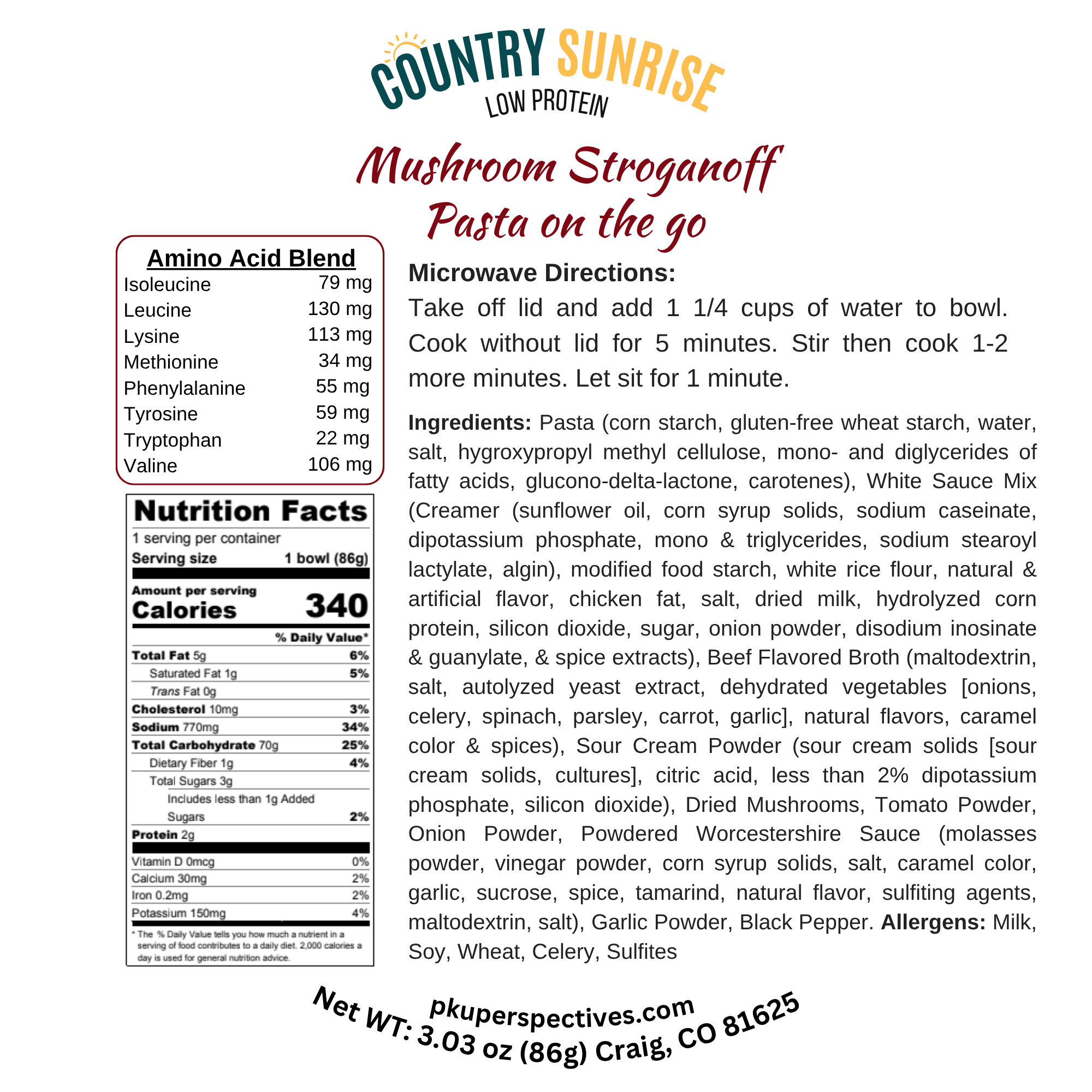 Country Sunrise Mushroom Stroganoff Pasta on the go BOWL- 3.03oz - Image 2