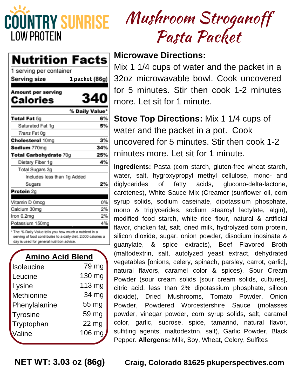 Country Sunrise Mushroom Stroganoff Pasta PACKET- 3.03 oz - Image 2