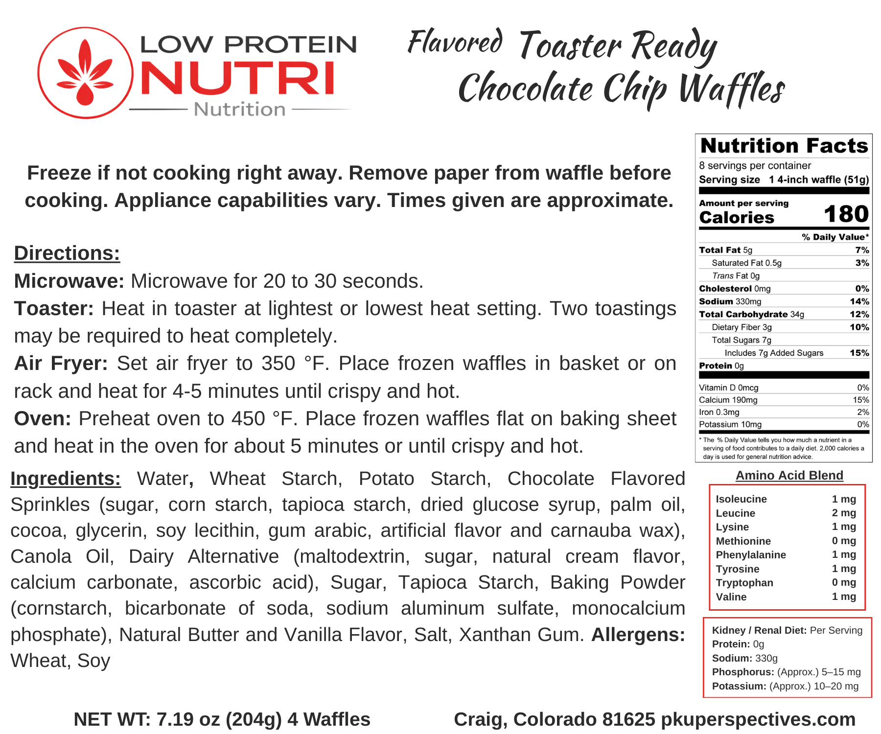 Enjoy warm, crispy comfort without the worry. These low-protein chocolate chip waffles are specially made for PKU, Renal (CKD), kidney-friendly, and protein-restricted diets