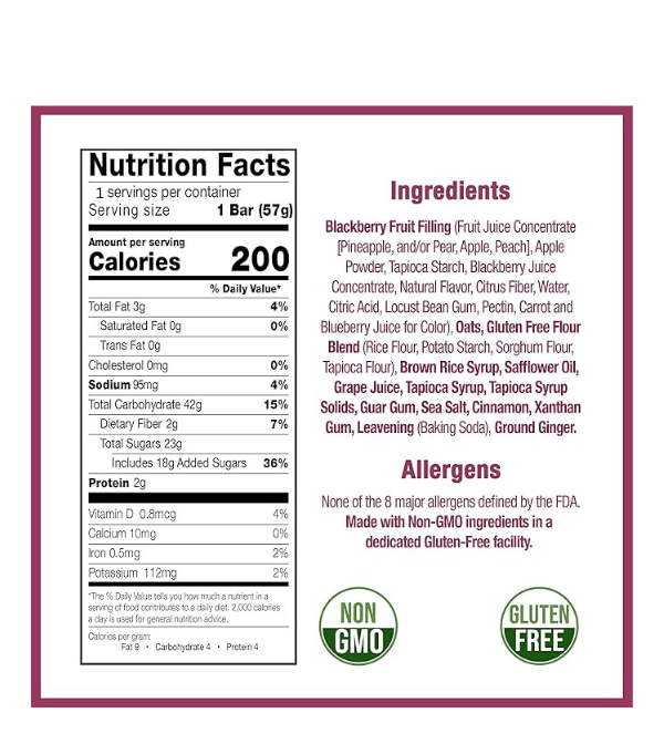 Betty Lou`s, Gluten Free/Vegan Fruit Bar Blackberry- Case of 3/2oz - Image 2