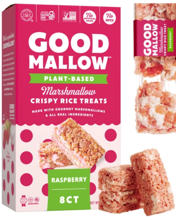 Good Mallow Raspberry Crispy Rice Treats are a plant-based, vegan snack made with real ingredients and fluffy marshmallows — a sweet, better-for-you treat.