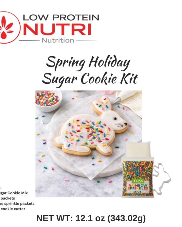 Low protein spring sugar cookies decorated with rainbow sprinkles and icing