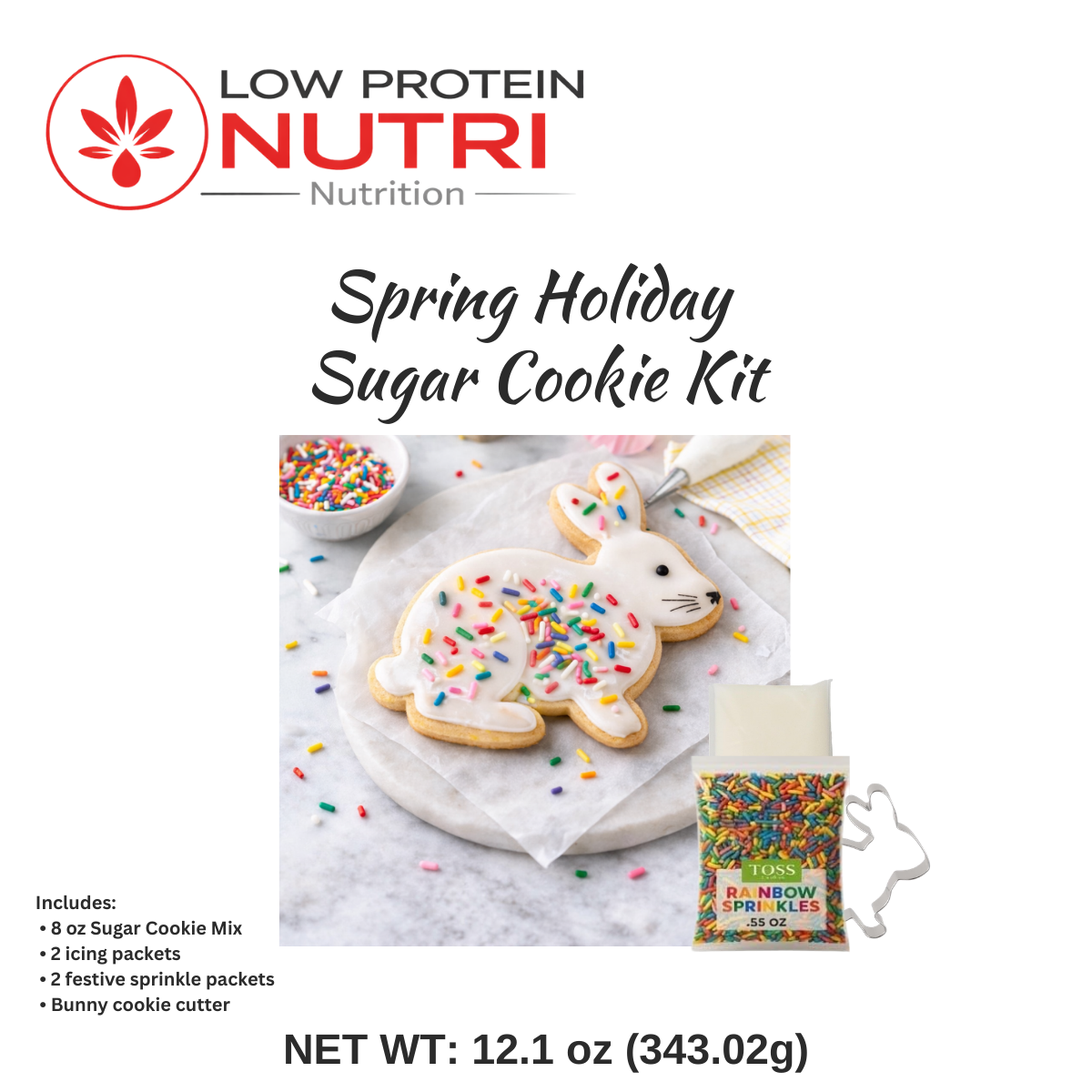 Low protein spring sugar cookies decorated with rainbow sprinkles and icing