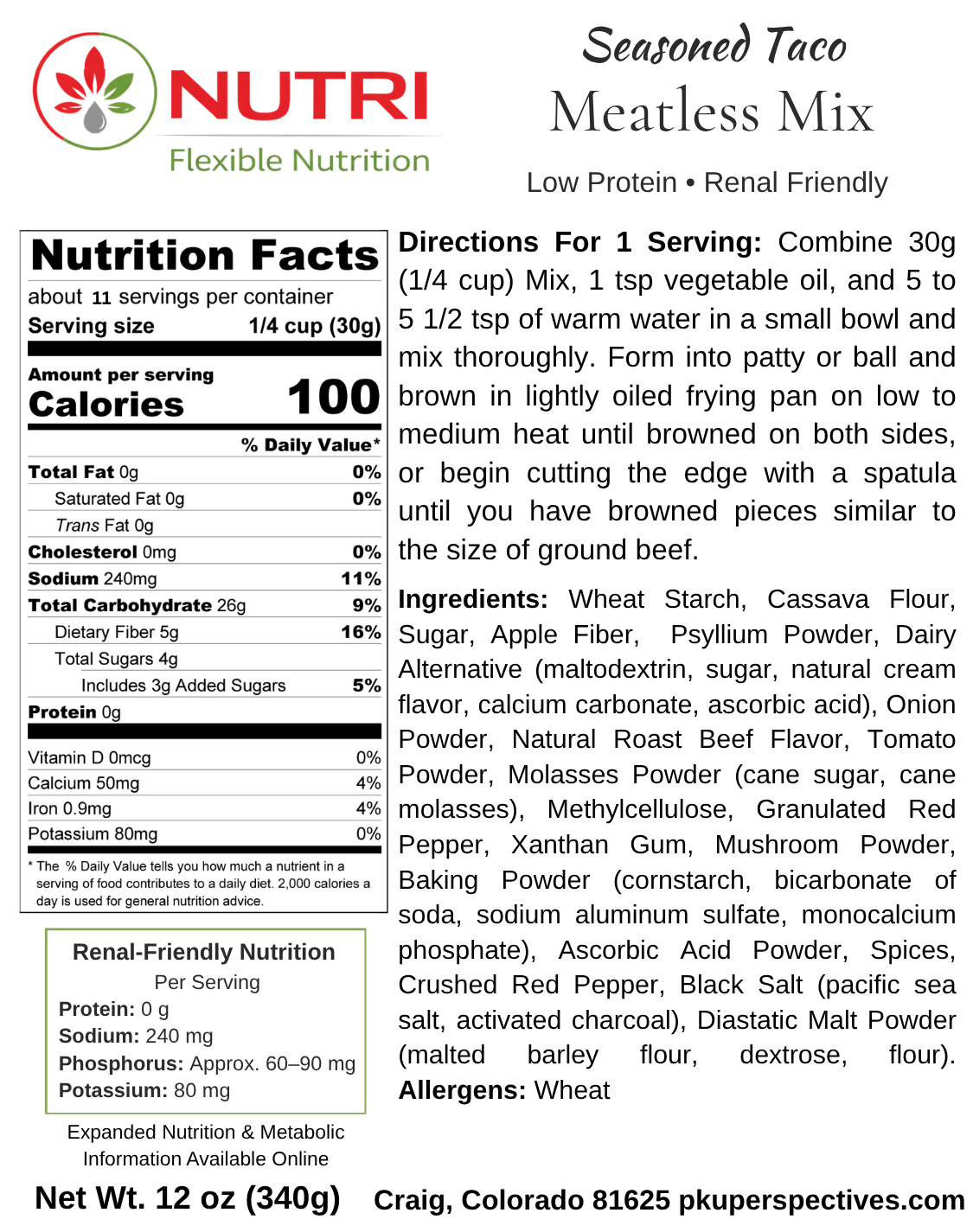 Nutri Flexible Nutrition Seasoned Taco Meatless Mix- 12oz - Image 2